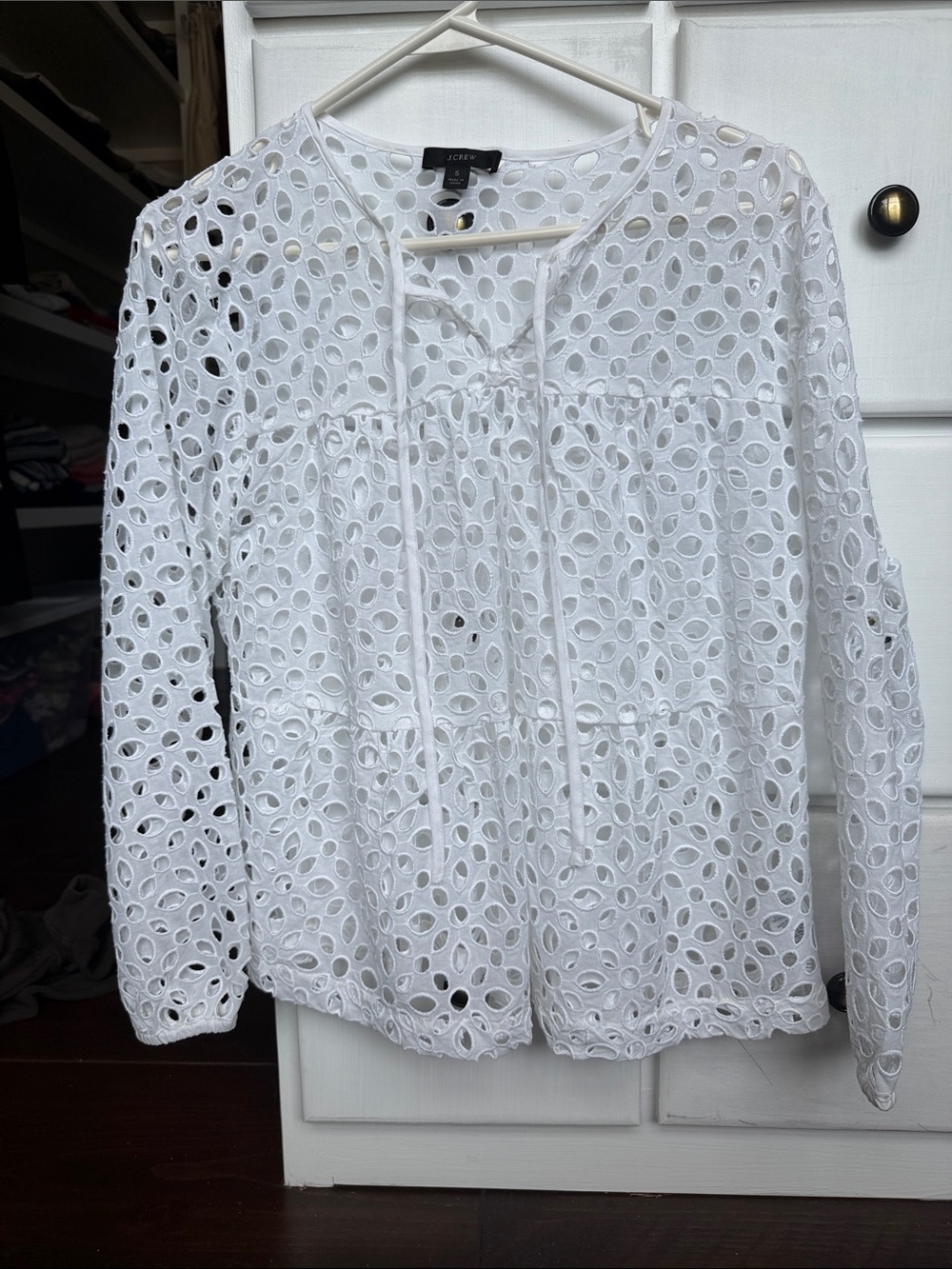 J. Crew White Eyelet Tie-Front Peasant Blouse
